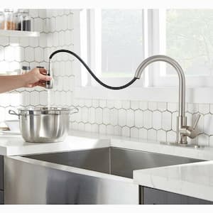 Swan Single Handle Pull Down Sprayer Kitchen Faucet Stainless with Deckplate Mount in Brushed Nickel