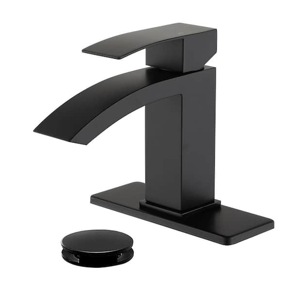 PERLIRIA INC Single Handle Single Hole Bathroom Faucet with Deck Plate, Lever Handle Waterfall Faucet with Drain in Matte Black