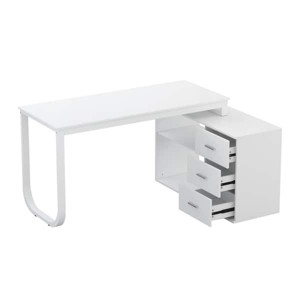 DiDuGo 55 White L Shaped Desk with Storage Shelf Corner Office Writing Desk  Study Workstation Table 