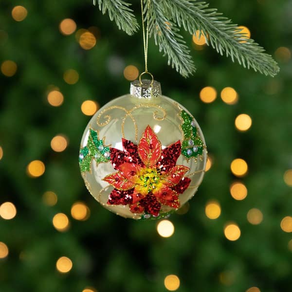 Northlight 4 in. Red Glittered 2-D Poinsettia Glass Christmas Ball