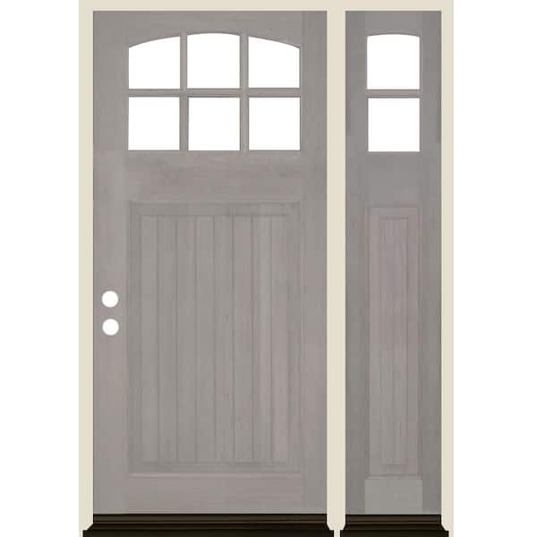 Krosswood Doors 50 in. x 80 in. Craftsman V-Groove Arch 6-Lite Clear Glass Grey Stain Right Hand Hemlock Wood Prehung Front Door w/RSL
