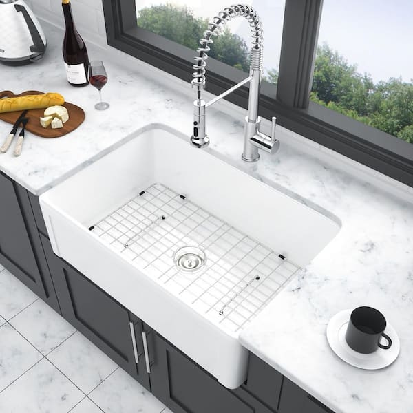 LOMC 30 in. L x 20 in. W Farmhouse/Apron-Front Single Bowl Ceramic Kitchen Sink with Steel Dish Grid and Strainer