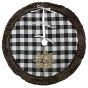 48 in. Black and White Buffalo Plaid Christmas Tree Skirt with Burlap Snowflake