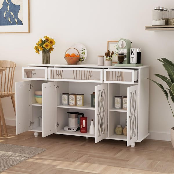 White Paint 4 Doors Mirrored Buffet Cabinet Sideboard With 3 Mirror Drawers and Adjustable Shelves for Kitchen Dining