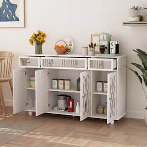White Paint 4 Doors Mirrored Buffet Cabinet Sideboard With 3 Mirror Drawers and Adjustable Shelves for Kitchen Dining