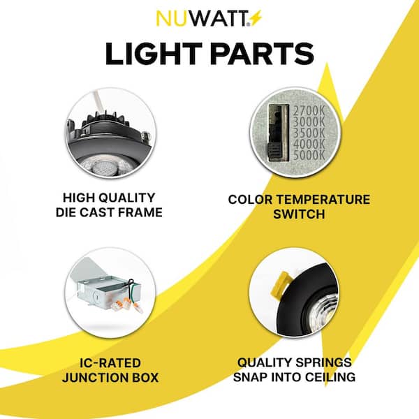 NUWATT 4 inch MR16 Retrofit LED 12V Recessed Light - 5CCT Selectable 2700K/3000K/3500K/4000K/5000K - 10W - 600 Lumens - Dimmable Low Voltage LED