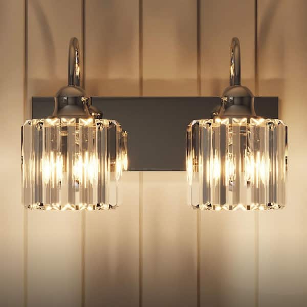 Merrin 14.4 in. 2-Lights Crystal Chrome Bathroom Vanity Light Fixture with Shades