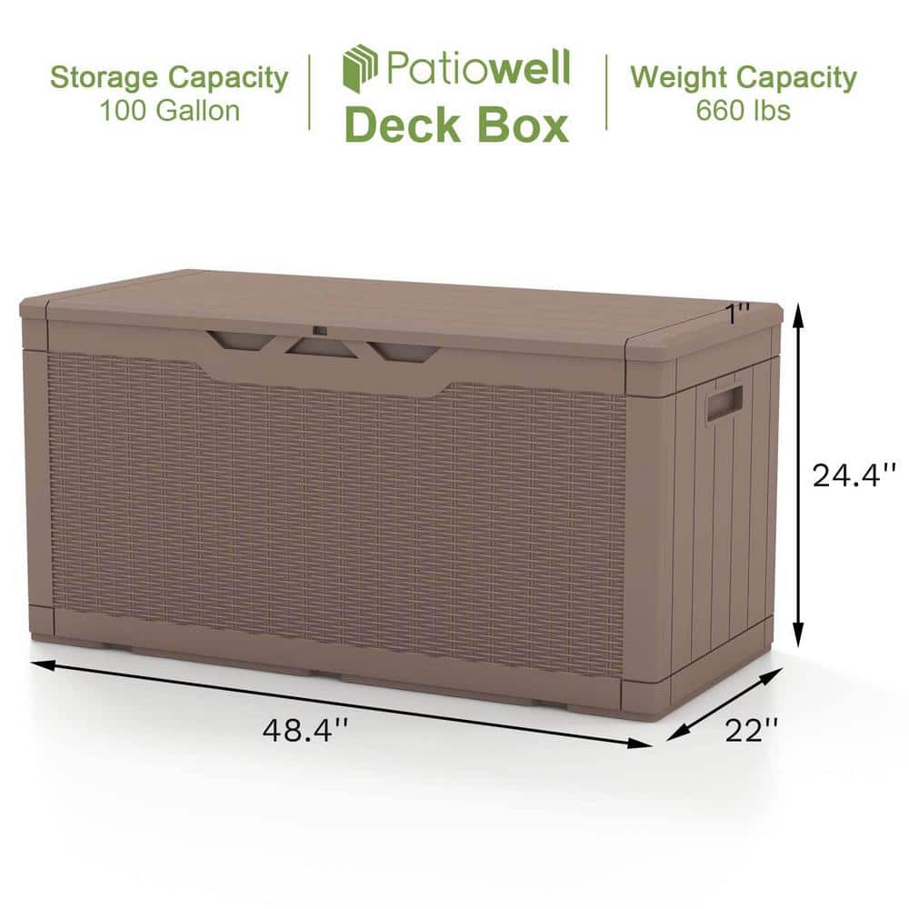 Light Brown Lockable Wicker Resin Deck Box, 100 Gallon