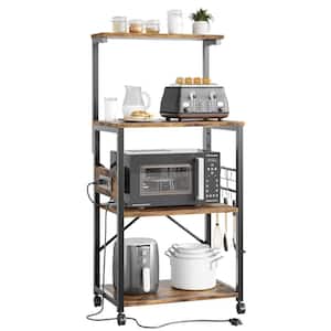 Rustic Brown 4-Shelf Wood 23.6 in. Kitchen Baker's Rack with Power Outlet, Microwave Oven Stand, Wheels and Hooks