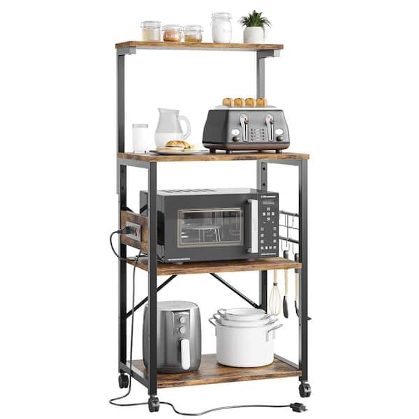 Bestier Rustic Brown 4-Shelf Wood 23.6 in. Kitchen Baker's Rack with Power Outlet, Microwave Oven Stand, Wheels and Hooks
