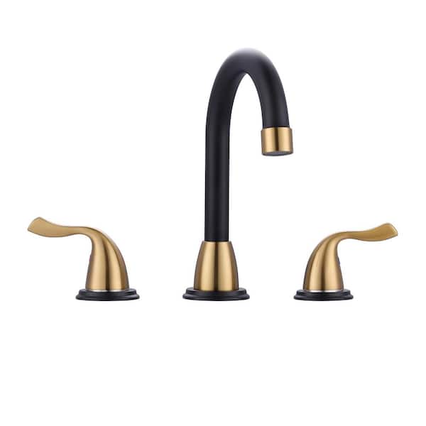 IVIGA 8 in. Widespread Double-Handle Bathroom Faucet with Supply Lines in Black and Gold