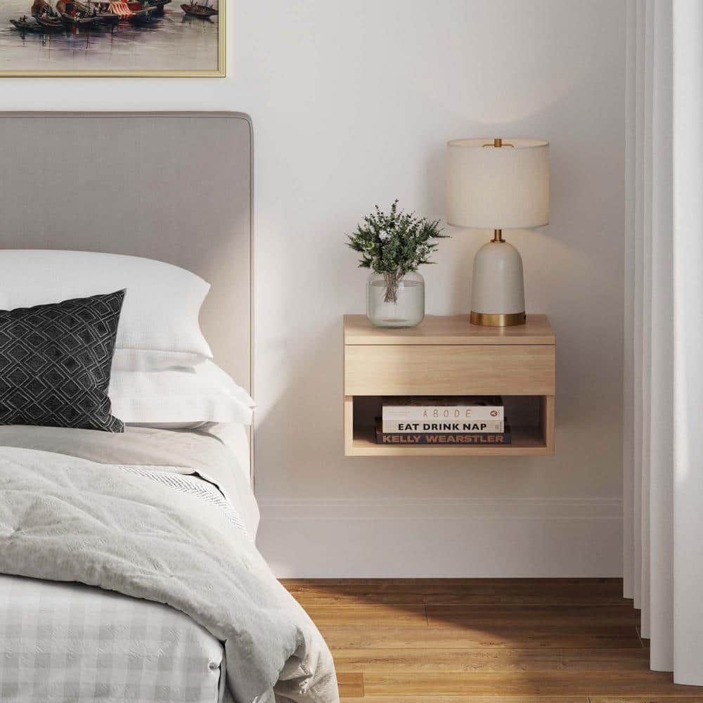 Light Oak Floating Wall-Mount Nightstand with Drawer and Shelf