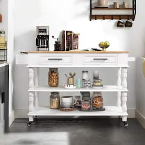 Solid Wood Natural Top White Rolling Kitchen Cart Wine and Spice Rack, 2-Drawers