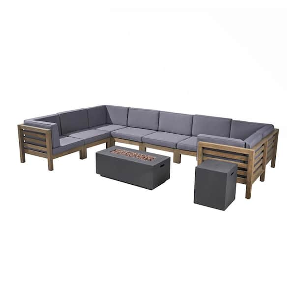 Oana Outdoor U-Shaped 8 Seater Acacia Wood Sectional Sofa Set with Fire Pit , Gray and Dark Gray