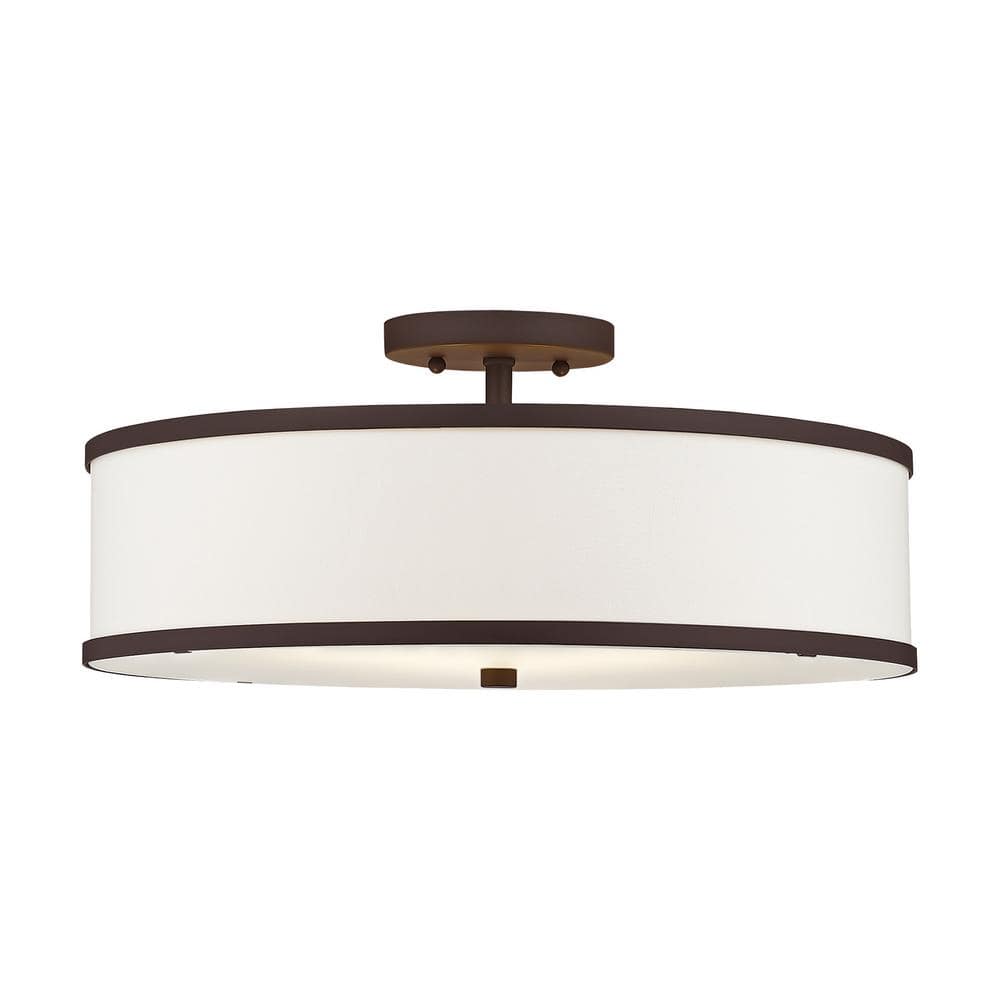Bronze Contemporary 3-Light Semi-Flush Mount with Off-White Fabric Shade