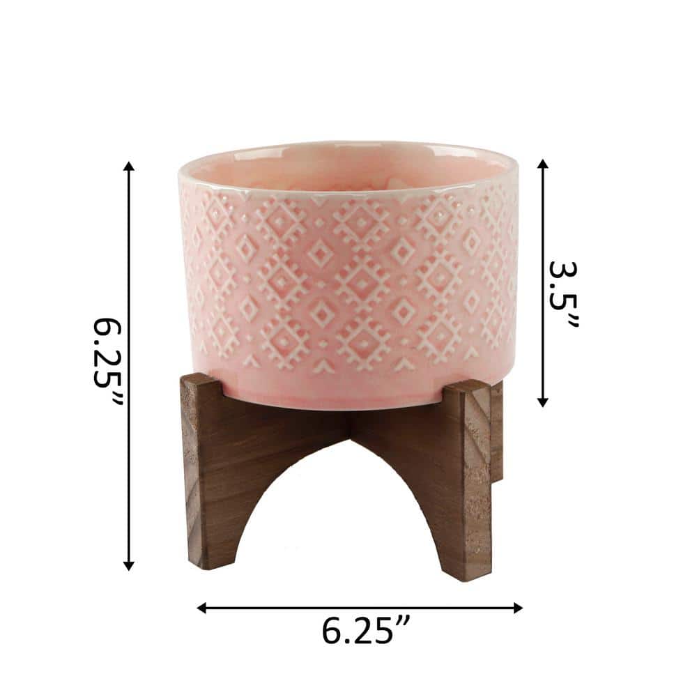 Pink Ceramic Round Planter with Wood Stand, 6.25"
