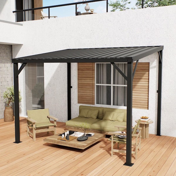 10 ft. x 8 ft. Large Heavy Duty Metal Outdoor Pergola Gazebo, Wall-Mounted Lean to Awning Gazebo with Roof