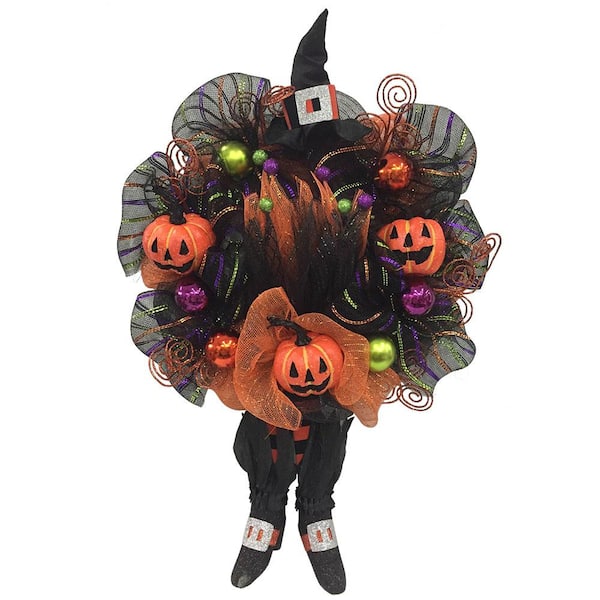 20 in. Mesh Halloween Wreath with Pumpkins and Witch Legs