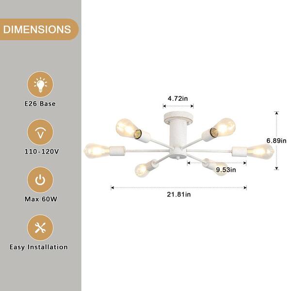 ZJVAIVE 21.81 in. 6-Light Vintage White Sputnik Semi- Flush Mount For Foyer  Bedroom with No Bulbs Included ZJ-D0048S-6-D