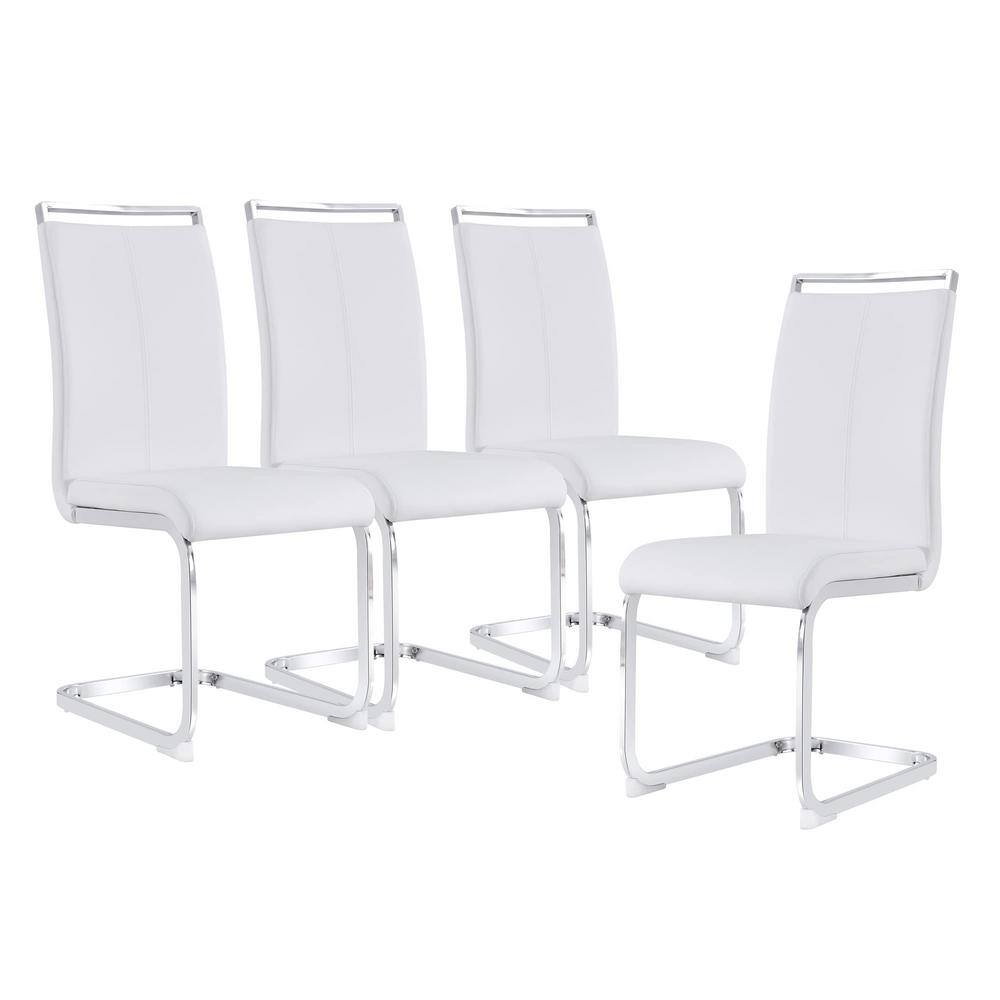 Modern White Upholstered Dining Chairs with Faux Leather Padded Seat and Metal Legs (Set of 4 