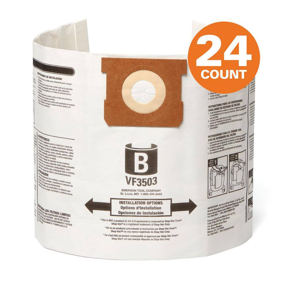 RIDGID Genuine VF3503C Wet Dry Vac Dry Pick-up Only Dust Bags for Select 5-10 Gal.  Vacs, except HD0600, Size B (24-Pack)