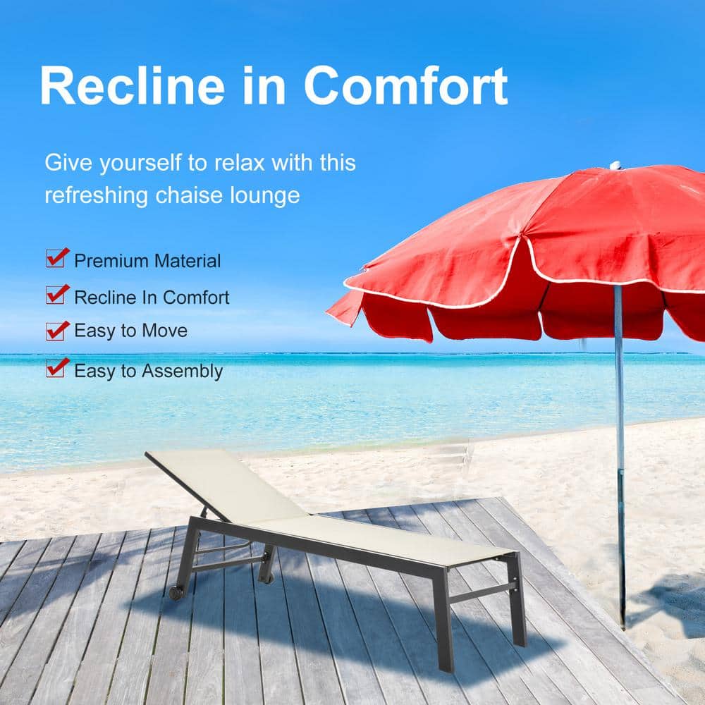 Cream Armless Outdoor Steel Chaise Lounge Chair