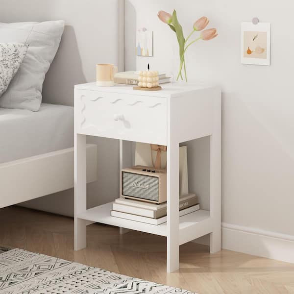 Modern White 1 Drawer 15.74 in. W MDF Wood Nightstand, Bedside Table with Open Shelf