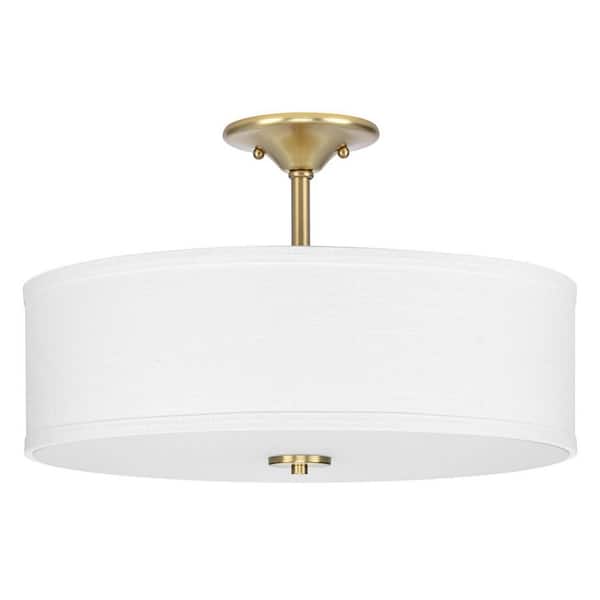 Inspire 18 in. 3-Light Satin Brass Semi-Flush Mount Ceiling Light with Summer Linen Shade