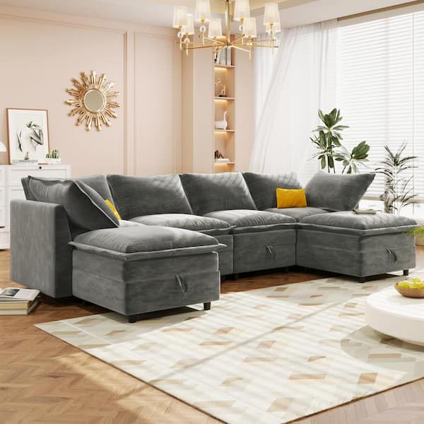 Modsa 126 in. Modern Polyester Upholstered 6-Seater Modular Sofa, Wood Frame, Grey