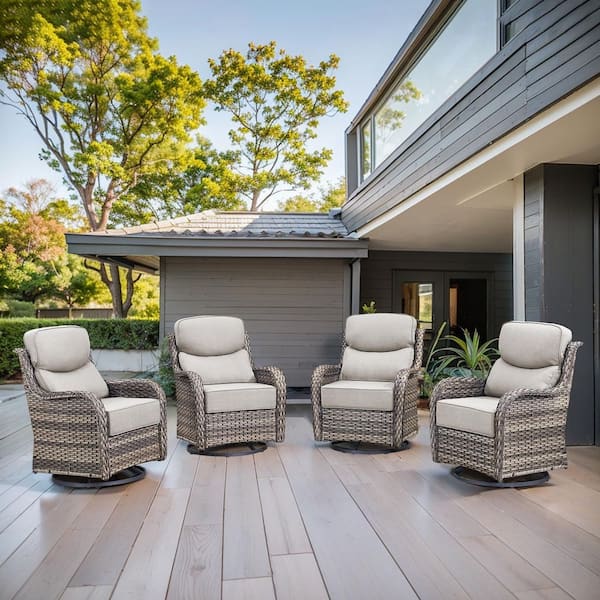 Arcadia Gray Wicker Outdoor Rocking Chair Patio Swivel Glider with 6 in. Thick Beige Box-Edge Cushions (4-Pack)