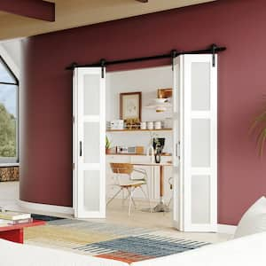 60 in. x 84 in. (30 x 2) 3-Lite Frosted Glass Bi-Fold Door Finished with Sliding Hardware Kit, MDF White Barn Door Slab