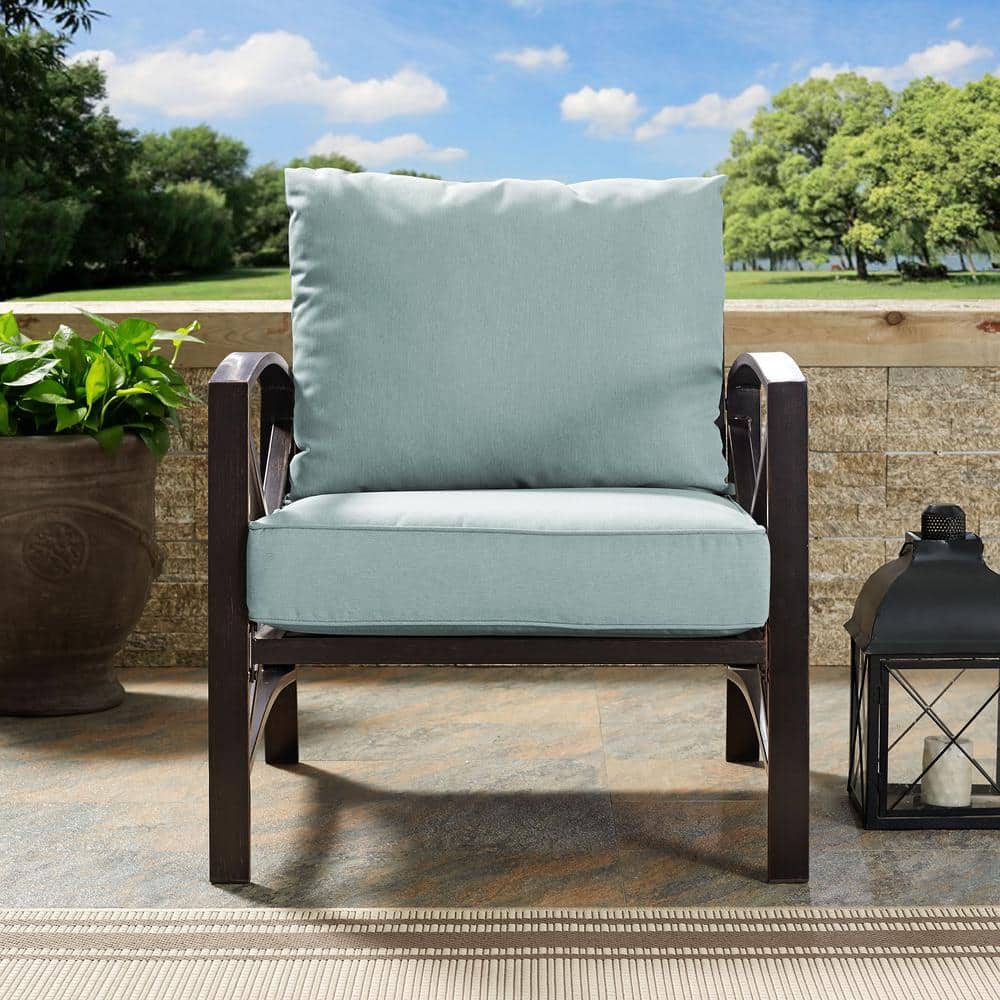 Kaplan Mist Green and Bronze Outdoor Arm Chair with Cushions