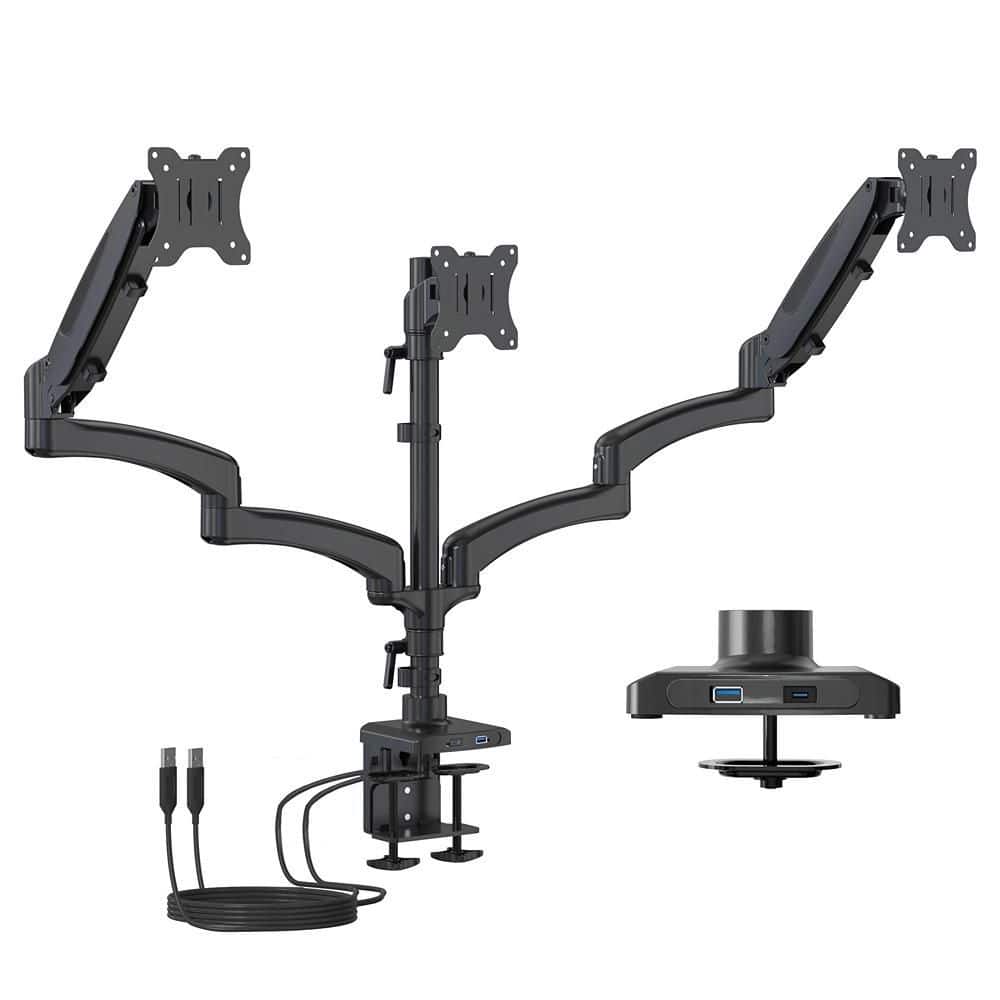 Triple Monitor Mount with Gas Spring Arms and USB Ports for 13 in. to 32 in. Monitors-Black