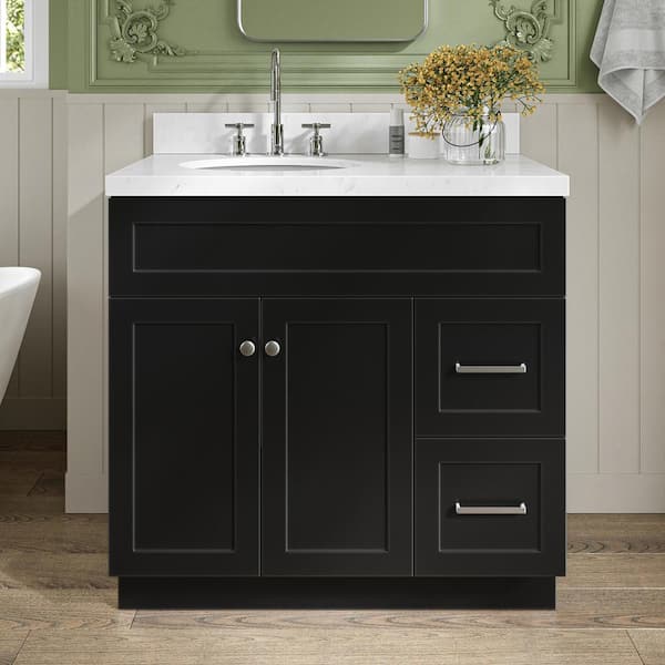 ARIEL Hamlet 36.25 in. W x 22 in. D x 36 in. H Single Sink Freestanding Bath Vanity in Black with Carrara Quartz Top