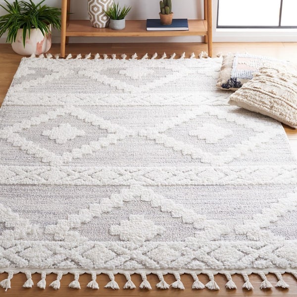 Moroccan Tassel Shag 4 ft. x 4 ft. Ivory/Beige Geometric Fringe Square Area Rug