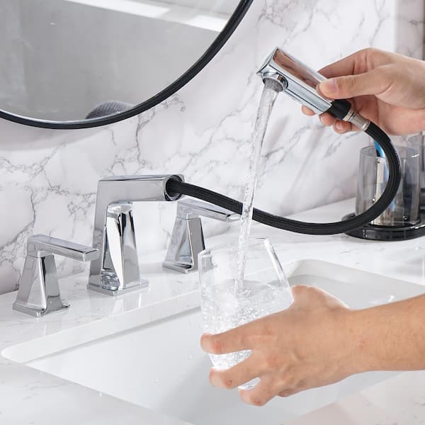 8 in. Widespread 2-Handles Pull Out Bathroom Faucet with Pop-Up Drain Kit in Chrome