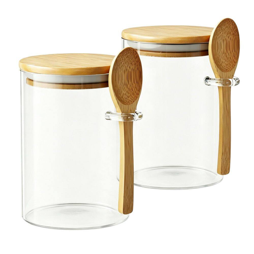 2-Piece Glass Storage Canister Kitchen Canisters Set with Bamboo Lids and Spoons for Sugar, Coffee, Tea and Spices
