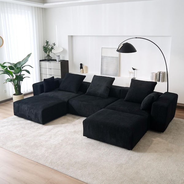 Magic Home Modern 142 in. Square Arm 5-piece Corduroy Modular Combination Sectional Sofa Large Floor Couch with Ottomans in Black