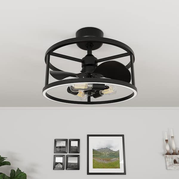 Katalyst 19 in. Farmhouse 3-Light Indoor Matte Black Adjustable CCT and Integrated LED Semi-Flush Mount Light with Fan