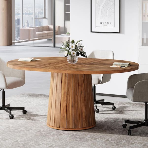 BYBLIGHT Capen 55 in. Oval Brown Wood Conference Table Meeting Room Computer Desk with Pedestal Wood Base for Home Office