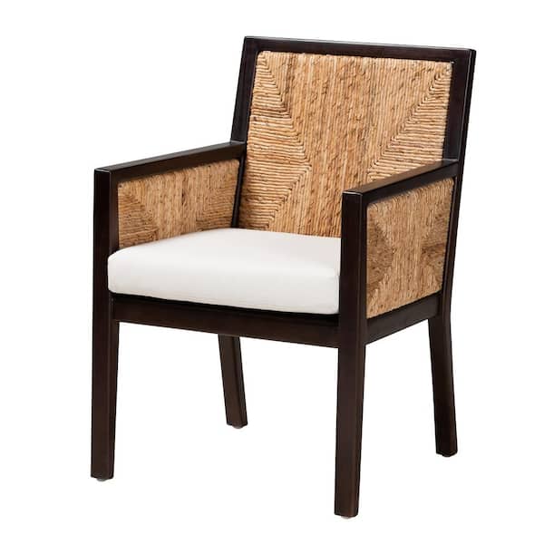 bali & pari Joana Natural Seagrass and Dark Brown Mahogany Wood Dining Chair with Armrests