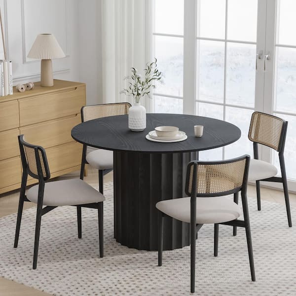 Dovelina 46 in. Oak Wood Black Column Pedestal Round Kitchen Table Dining Table Seats 4
