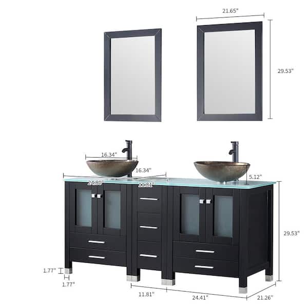 60.61 in. Double Foil Laminated Tempered Glass Black Sinks Freestanding Black Bath Vanity with Green Tempered Glass Top