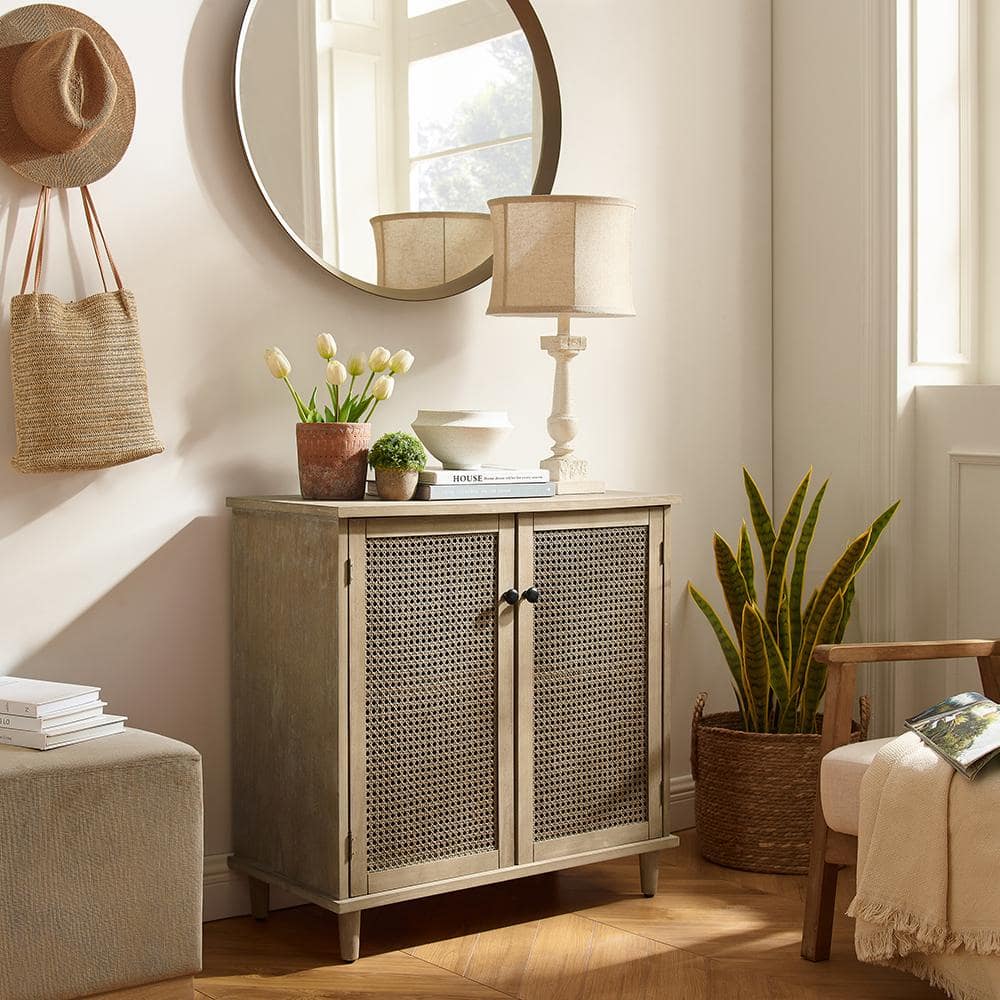 Natural Brown Bamboo Freestanding Office Cabinet with Rattan Doors