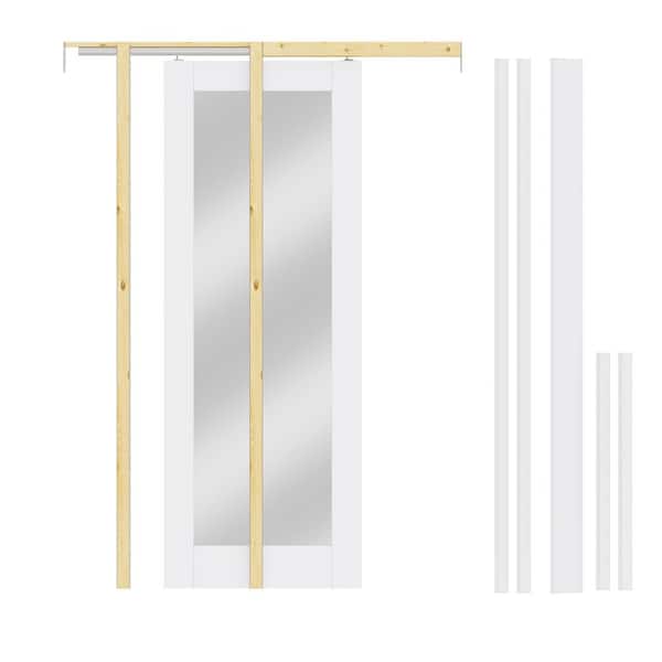 26 in. x 80 in. 1-Lite Frosted Glass White Primed Wood Sliding Pocket Door with Pocket Door Frame, Jamb and Hardware Kit
