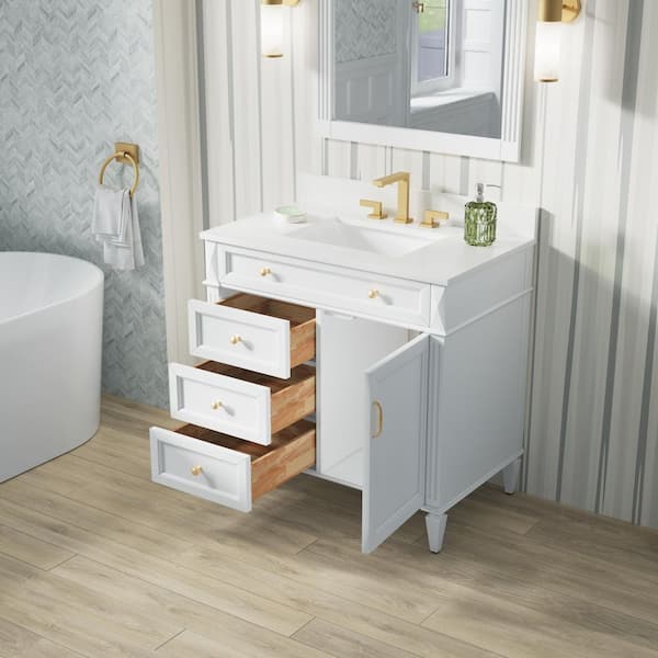 36 in. W x 22 in. D x 35 in. H Solid Wood Freestanding Bath Vanity in White with Carrera White Quartz Top