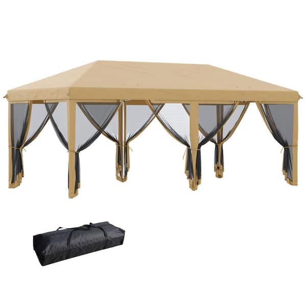 10 ft. x 20 ft. Beige Pop Up Canopy Tent with Netting Heavy Duty Instant Sun Shelter Carry Bag
