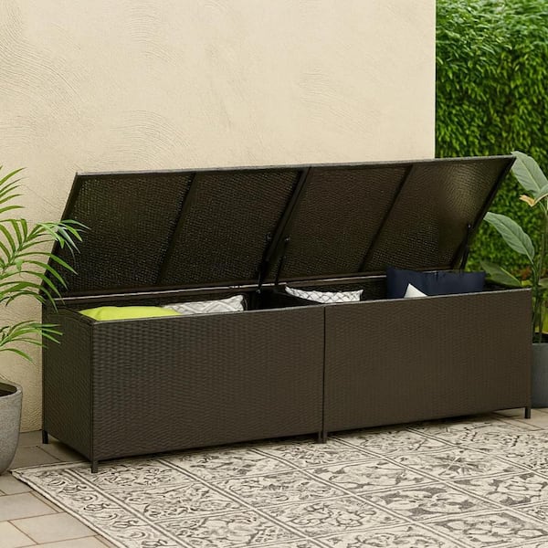 Jer 632.77 Gal. Brown Steel and Rattan Woven Outdoor Storage Deck Box with Gas Lift