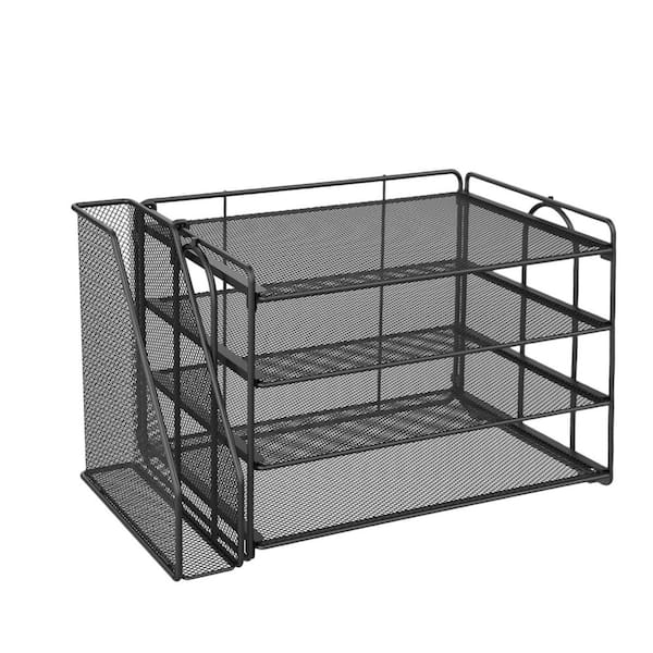 Black 4-Tier Metal Paper Organizer With Magazine Holder, 15.30 in. x 11.22 in. Desk File Organizer for Office Supplies