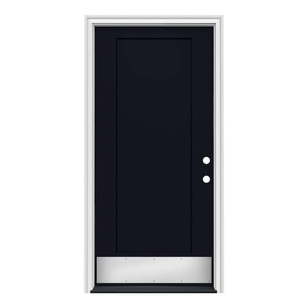 JELD-WEN 36 in. x 80 in. 1 Panel Flat Left-Hand/Inswing Black Steel Prehung Front Door w/Brickmould, ADA Accessible